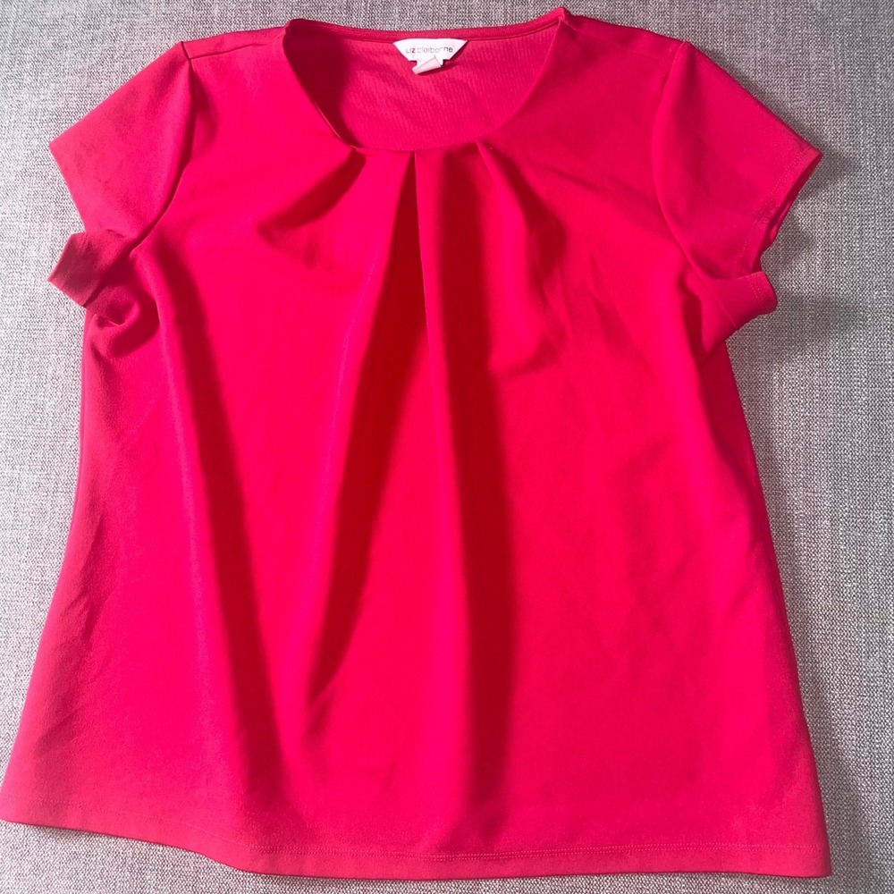 Liz Claiborne Blouse Top Womens XL Vibrant Pink Pleated Round Neck Cap Sleeve